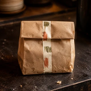 Bolsa de reparto kraft cerrada con cinta de patrón pintado.