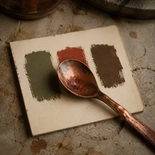 Cuchara de cobre sobre una tarjeta con muestras de pintura.