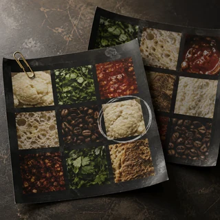 Hojas de contacto con fotografías de texturas gastronómicas.