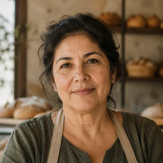 Fundadora de una panadería artesanal frente a sus estantes de pan.