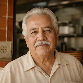 Dueño de una tortería de barrio junto al pase de cocina.