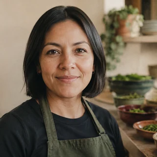 Fundadora de un comedor vegetal junto a su área de preparación.
