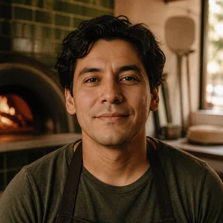 Cofundador de una pizzería independiente frente al horno.