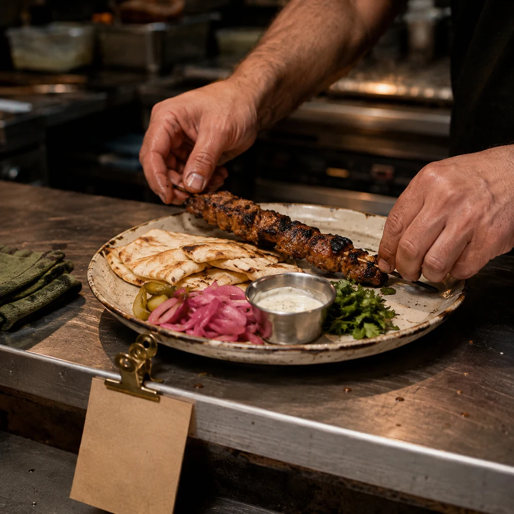 Manos terminando un plato de kebab, pan y encurtidos en una cocina durante el servicio.