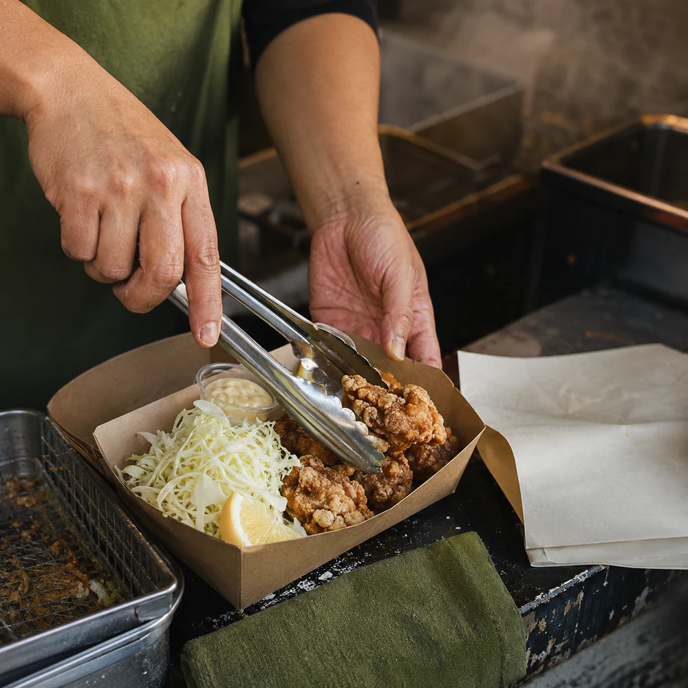 Manos empacando pollo frito japonés con col, limón y salsa en un mostrador usado.