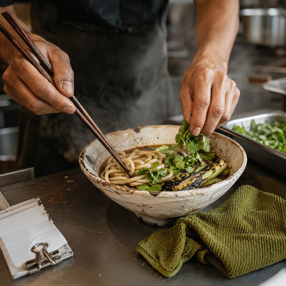 Manos terminando un cuenco de fideos con hierbas y verduras asadas en una cocina real.