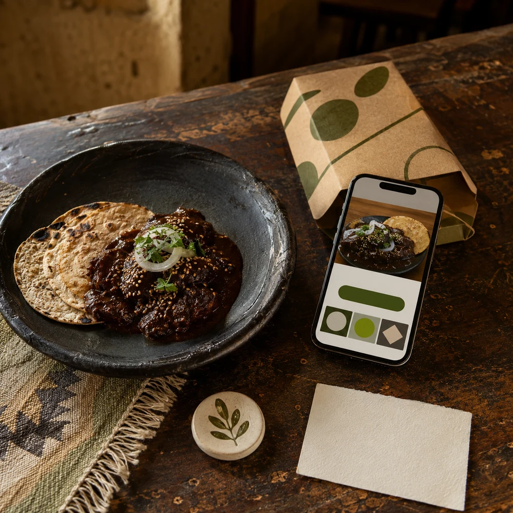 Plato de mole, materiales de empaque y sistema móvil conectados en un restaurante oaxaqueño.