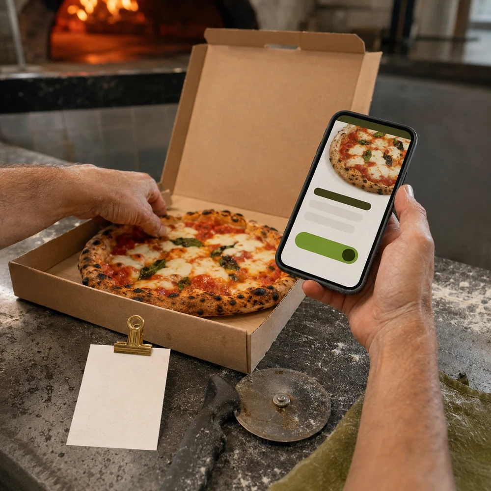 Pedido de pizza y sitio móvil funcionando juntos en un mostrador junto al horno.