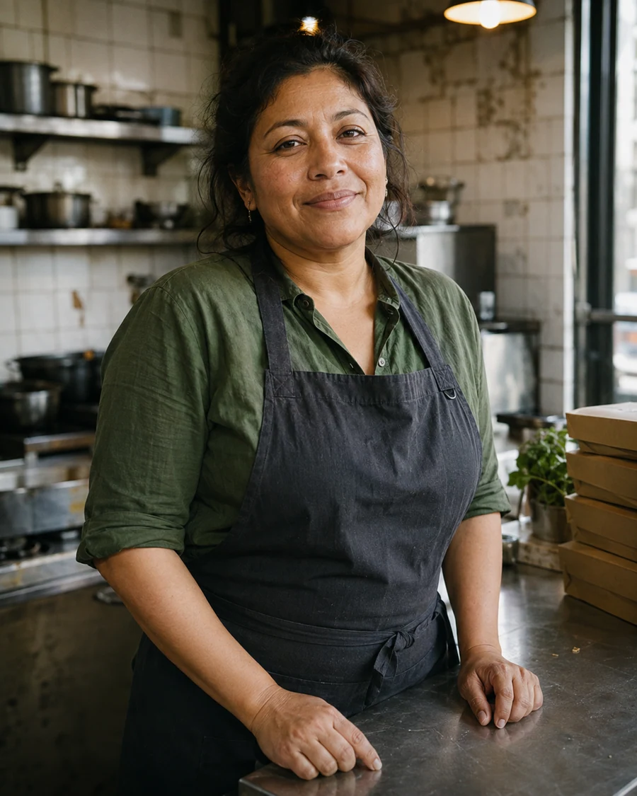 Fundadora de un restaurante independiente en su cocina después del servicio.
