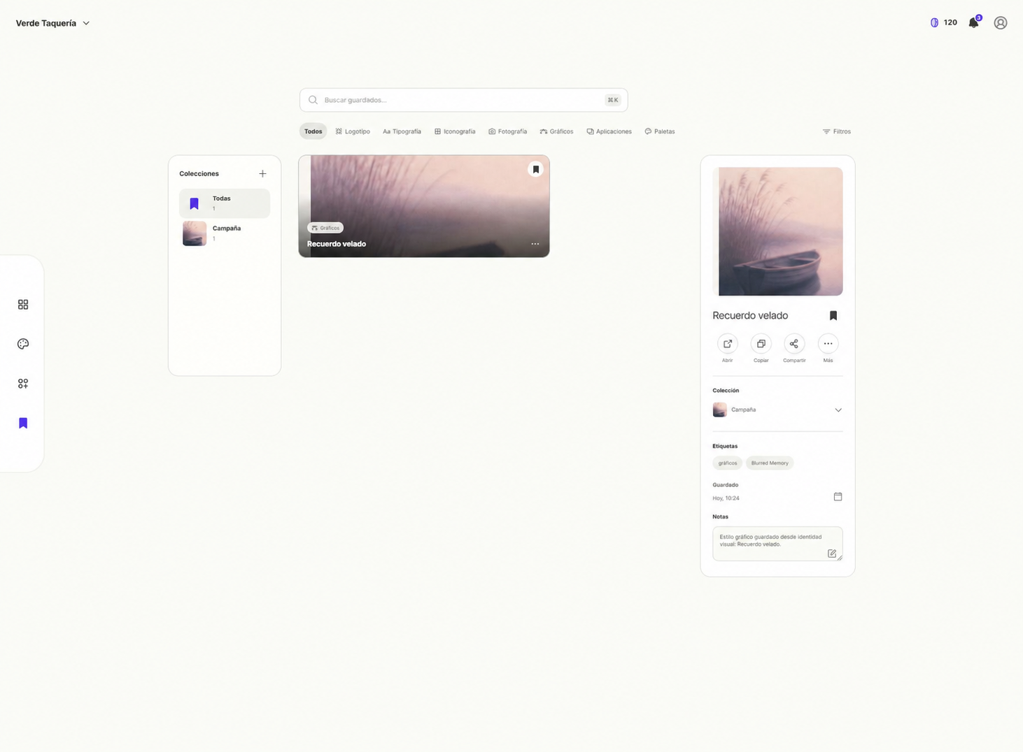 Guardados de Grubbx con categorías de identidad visual, colecciones y recursos guardados.